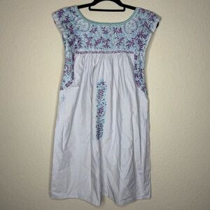 Mi Golondrina Flores Short Dress Purple Stripe Hand Embroidered Mexico